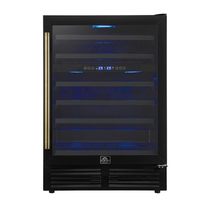 FORNO Bacchino 24-Inch Dual Zone Wine Cooler, 51-Bottle Capacity, Triple-Glass Door, Black with Antique Brass Accents (FWCDR6634-24KBLK)