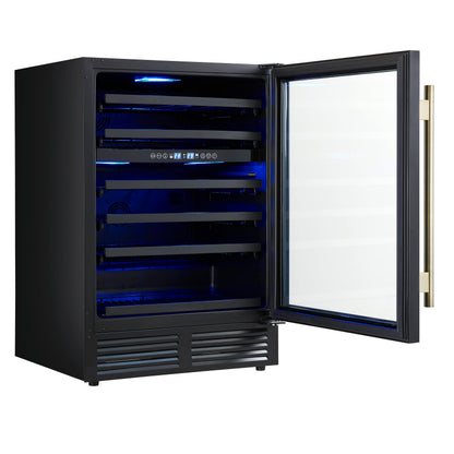 FORNO Bacchino 24-Inch Dual Zone Wine Cooler, 51-Bottle Capacity, Triple-Glass Door, Black with Antique Brass Accents (FWCDR6634-24KBLK)
