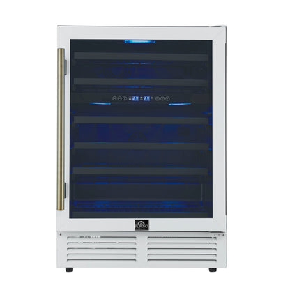 FORNO Bacchino 24-Inch Dual Zone Wine Cooler, 51-Bottle Capacity, Triple-Glass Door, LED Interior Lighting, White with Antique Brass Accents (FWCDR6634-24WHT)