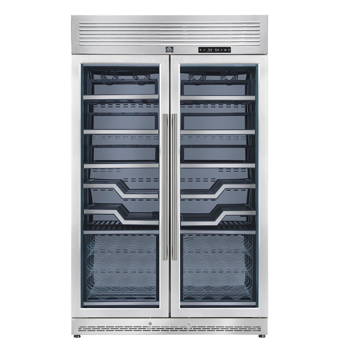 FORNO Abruzzo 48-Inch Dual Zone Wine Cooler, 24 cu.ft., 102-Bottle Capacity, Black Shelves with Green Acrylic Holders (FWCDR6610-48S)