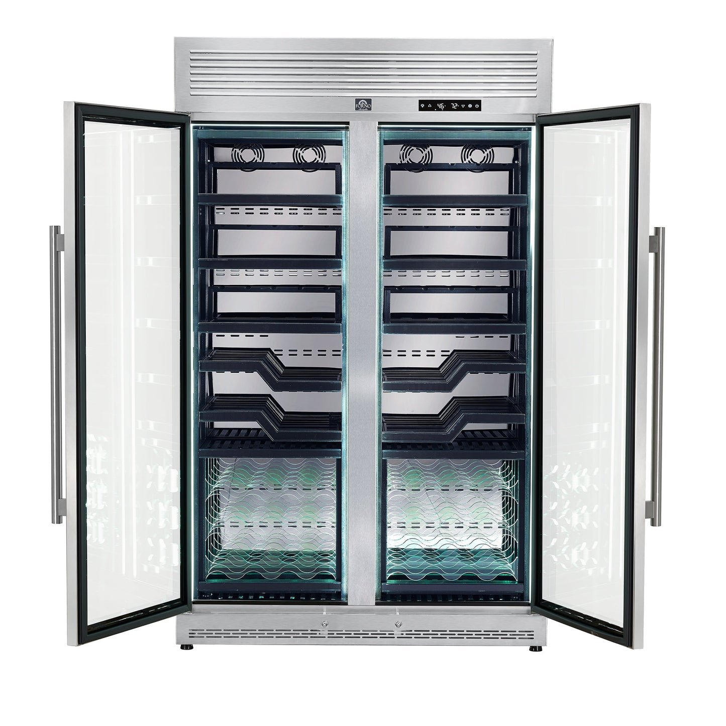 FORNO Abruzzo 48-Inch Dual Zone Wine Cooler, 24 cu.ft., 102-Bottle Capacity, Black Shelves with Green Acrylic Holders (FWCDR6610-48S)