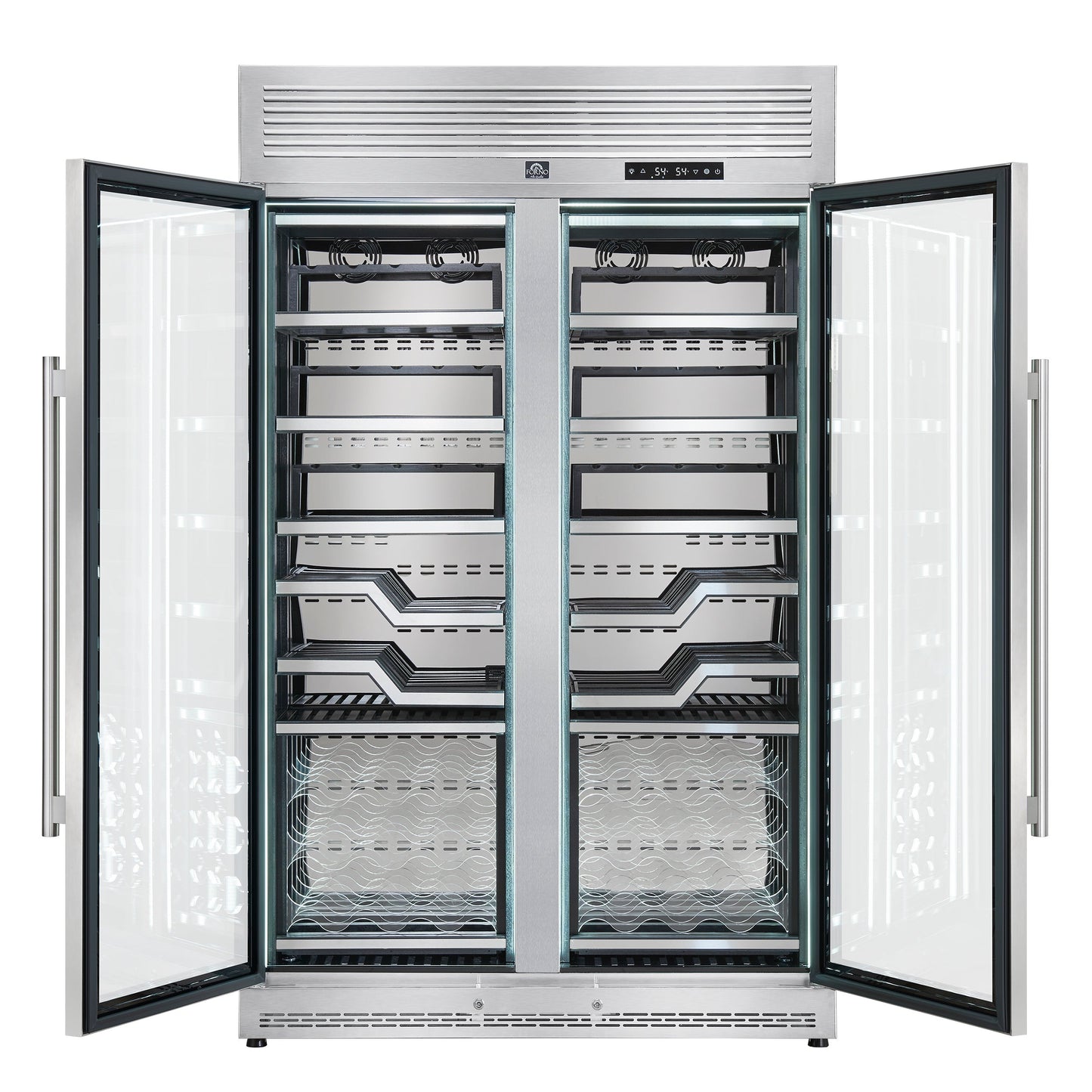 FORNO Abruzzo 48-Inch Dual Zone Wine Cooler, 24 cu.ft., 102-Bottle Capacity, Stainless Trim Shelves (Model FWCDR6611-48S)