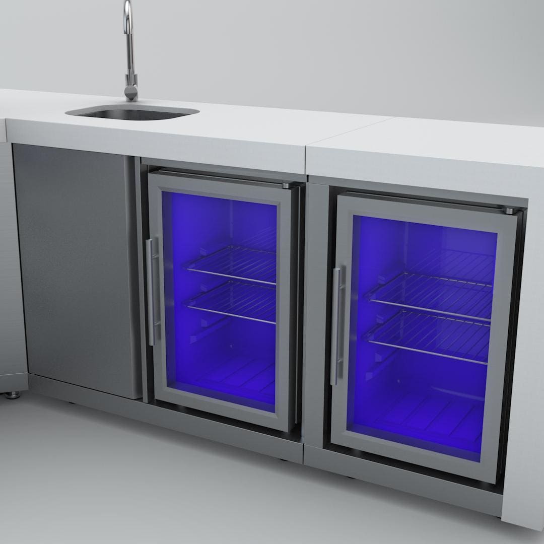 Mont Alpi 400 Deluxe Island Grill with Beverage Center, 90 Degree Corner and Fridge Cabinet, MAi400-DBEV90FC