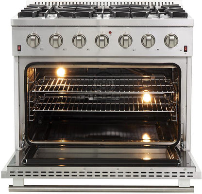 FORNO Appliance Package - 36 Inch Gas Range, Wall Mount Range Hood, Refrigerator, Microwave Drawer, Dishwasher, Wine Cooler, AP-FFSGS6244-36-W-9