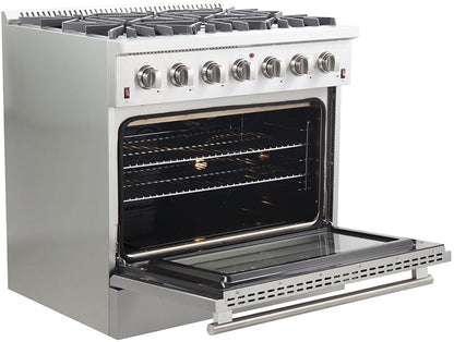 FORNO Package - 36 Inch Gas Range, Wall Mount Range Hood, Refrigerator, Microwave Drawer, Dishwasher, AP-FFSGS6244-36-8