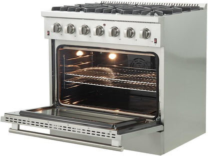 FORNO Appliance Package - 36 Inch Gas Range, Wall Mount Range Hood, Refrigerator, Microwave Drawer, Dishwasher, Wine Cooler, AP-FFSGS6244-36-W-9