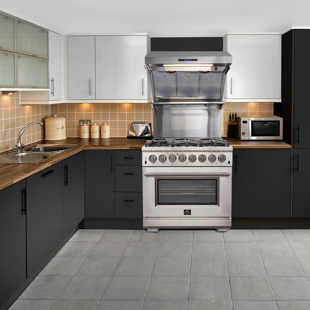 FORNO Appliance Package - 36 Inch Gas Range, 60 Inch Refrigerator, Microwave Drawer, Dishwasher, AP-FFSGS6244-36-7