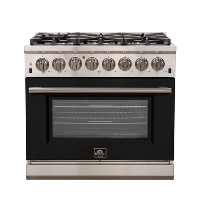 Forno Capriasca 36-Inch Dual Fuel Range, 5.36 cu. ft. Oven, 6 Burners, Black, Model FFSGS6187-36BLK