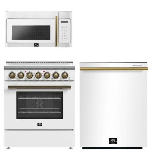 FORNO Paolo Package - 30" Electric Range, Over-The-Range Microwave and Dishwasher in White with Antique Brass Accents, AP3-6011WHT-A10