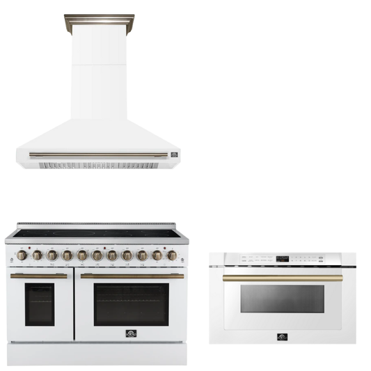 FORNO Appliance Package - 48" Electric Range, Range Hood, Microwave in White with Antique Brass Accents
