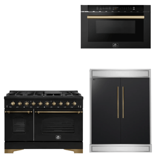 FORNO Espresso Package - 48" Dual Fuel Range, Dishwasher, Microwave in Black with Antique Brass Accents