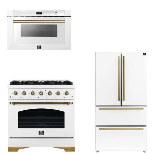 FORNO Espresso Package - 36" Dual Fuel Range, 36" Refrigerator, Microwave in White with Antique Brass Accents