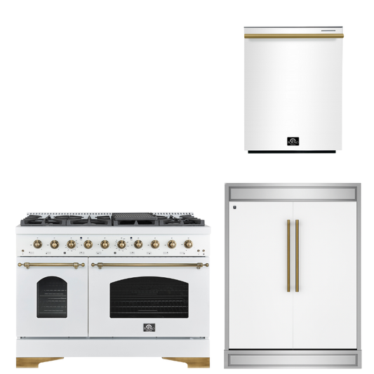 FORNO Espresso Package - 48" Dual Fuel Range, 60" Refrigerator, Dishwasher in White with Antique Brass Accents