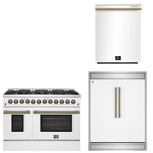 FORNO Appliance Package - 48" Dual Fuel Range, 60" Refrigerator, Dishwasher in White with Antique Brass Accents