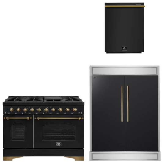 FORNO Espresso Package - 48" Gas Range, 60" Refrigerator, Dishwasher in Black with Antique Brass Accents
