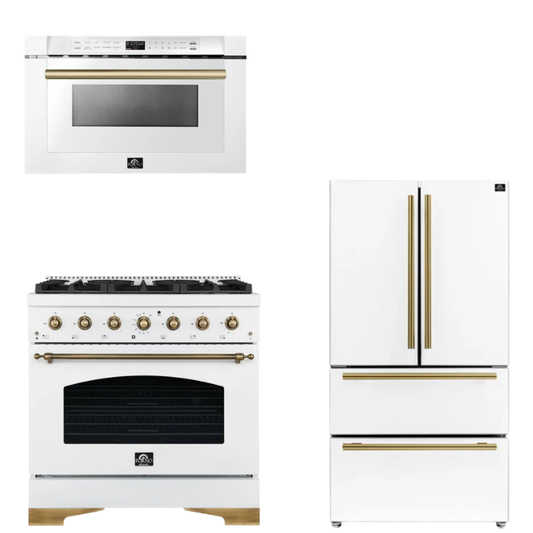 FORNO Espresso Package - 36" Gas Range, 36" Refrigerator, Microwave in White with Antique Brass Accents
