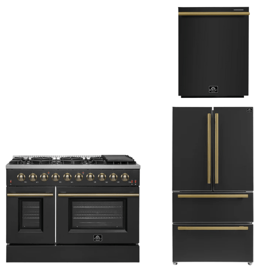 FORNO Appliance Package - 48" Gas Range, 36" Refrigerator, Dishwasher in Black with Antique Brass Accents