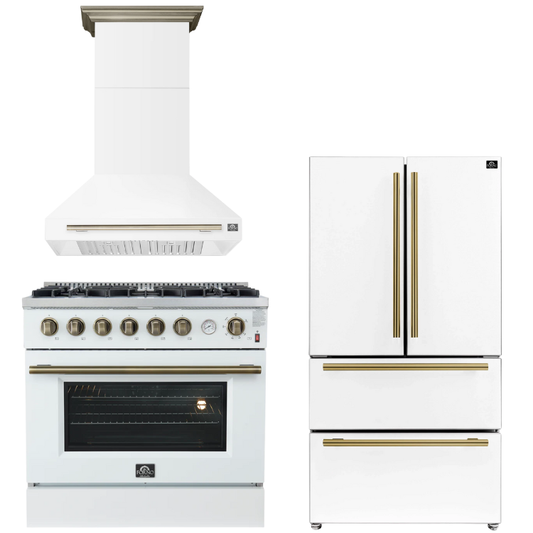 FORNO Appliance Package - 36" Gas Range, Range Hood, 36" Refrigerator in White with Antique Brass Accents