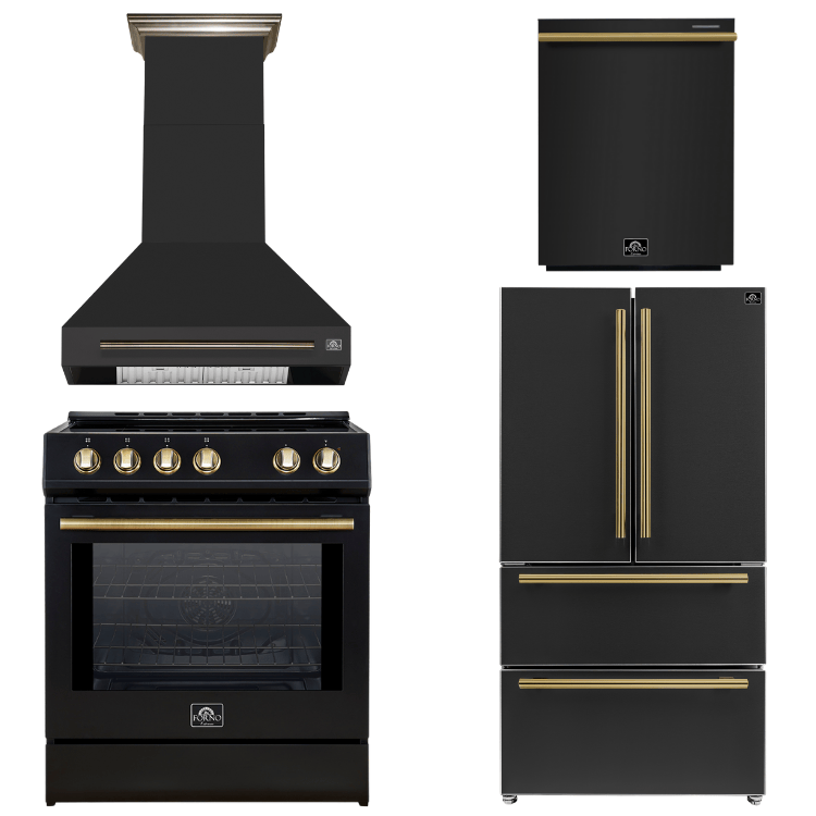 FORNO Espresso Package - 30" Induction Range, Wall Mount Range Hood, 36" Refrigerator with Ice Maker and Dishwasher in Black with Antique Brass Accents, AP4-0982BLK-A15