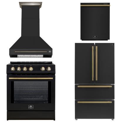FORNO Espresso Package - 30" Induction Range, Wall Mount Range Hood, 36" Refrigerator with Ice Maker and Dishwasher in Black with Antique Brass Accents, AP4-0982BLK-A15
