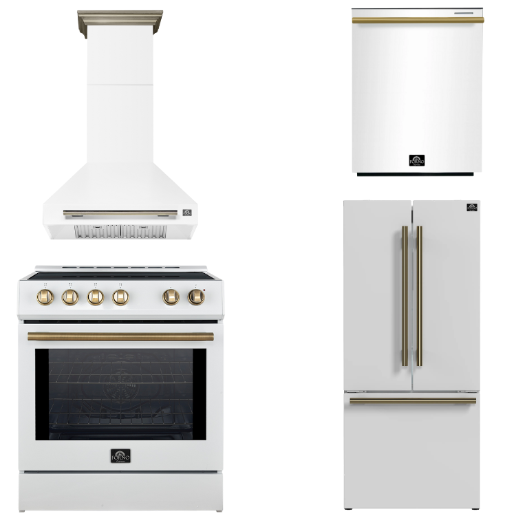 FORNO Espresso Package - 30" Induction Range, Wall Mount Range Hood, 30" Refrigerator and Dishwasher in White with Antique Brass Accents, AP4-0982WHT-A16