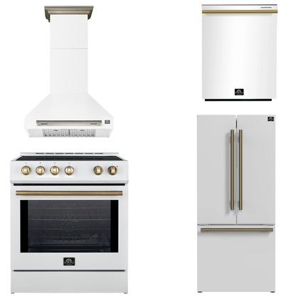 FORNO Espresso Package - 30" Induction Range, Wall Mount Range Hood, 30" Refrigerator and Dishwasher in White with Antique Brass Accents, AP4-0982WHT-A16