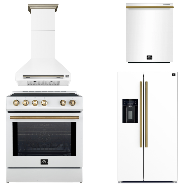 FORNO Espresso Package - 30" Induction Range, Wall Mount Range Hood, 36" Refrigerator with Water and Ice Dispenser and Dishwasher in White with Antique Brass Accents, AP4-0982WHT-A17
