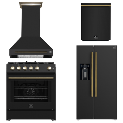 FORNO Espresso Package - 30" Gas Range, Wall Mount Range Hood, 36" Refrigerator with Water and Ice Dispenser and Dishwasher in Black with Antique Brass Accents, AP4-1116BLK-A17