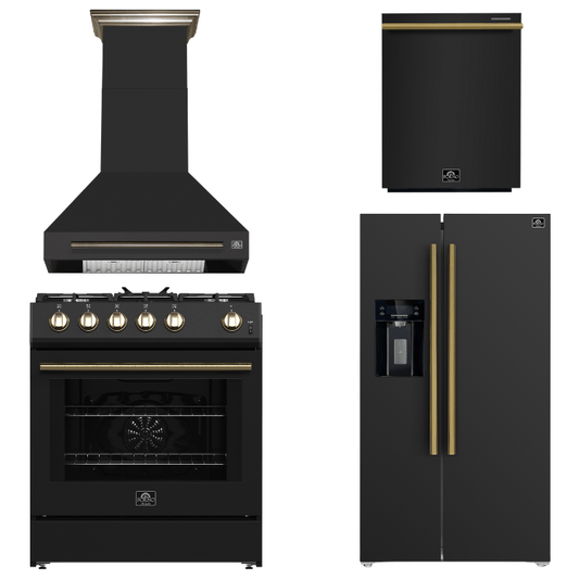FORNO Espresso Package - 30" Gas Range, Wall Mount Range Hood, 36" Refrigerator with Water and Ice Dispenser and Dishwasher in Black with Antique Brass Accents, AP4-1116BLK-A17