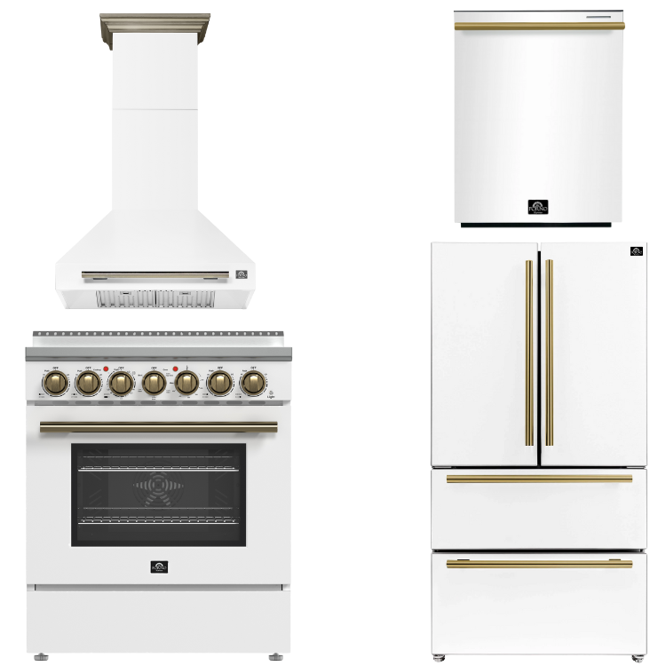 FORNO Paolo Package - 30" Electric Range, Wall Mount Range Hood, 36" Refrigerator with Ice Maker and Dishwasher in White with Antique Brass Accents, AP4-6011WHT-A15