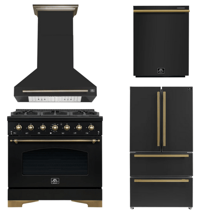 FORNO Espresso Package - 36" Dual Fuel Range, Range Hood, 36" Refrigerator, Dishwasher in Black with Antique Brass Accents