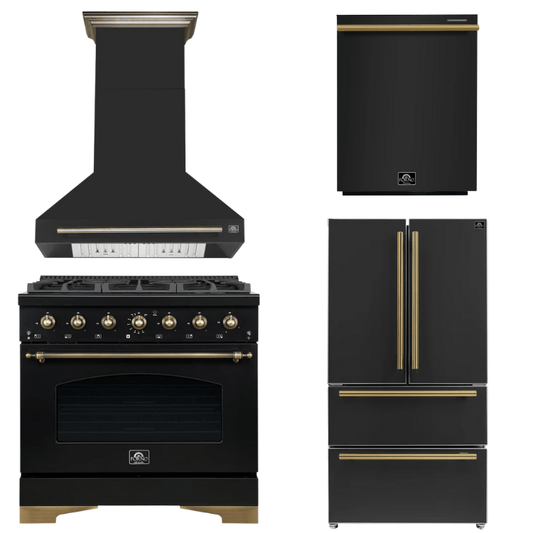 FORNO Espresso Package - 36" Dual Fuel Range, Range Hood, 36" Refrigerator, Dishwasher in Black with Antique Brass Accents