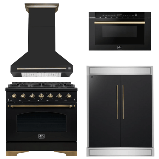 FORNO Espresso Package - 36" Dual Fuel Range, Range Hood, 60" Refrigerator, Microwave in Black with Antique Brass Accents