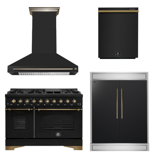 FORNO Espresso Package - 48" Dual Fuel Range, Range Hood, 60" Refrigerator, Microwave in Black with Antique Brass Accents