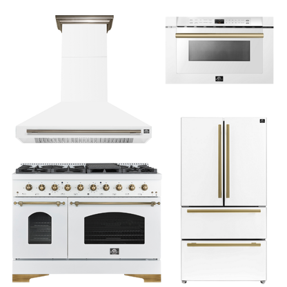 FORNO Espresso Package - 48" Dual Fuel Range, Range Hood, 36" Refrigerator, Microwave in White with Antique Brass Accents