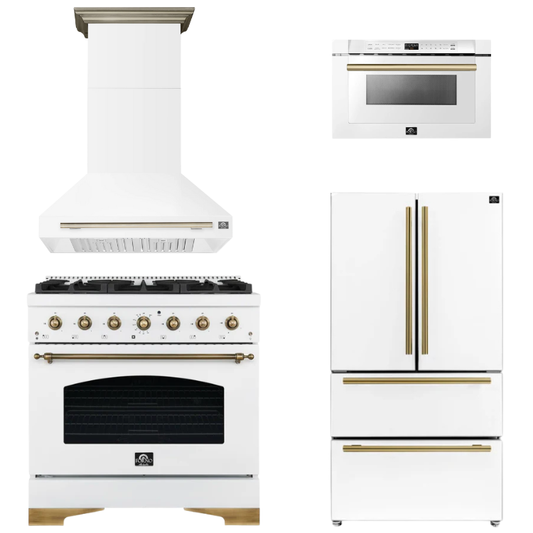 FORNO Espresso Package - 36" Gas Range, Range Hood, 36" Refrigerator, Microwave in White with Antique Brass Accents