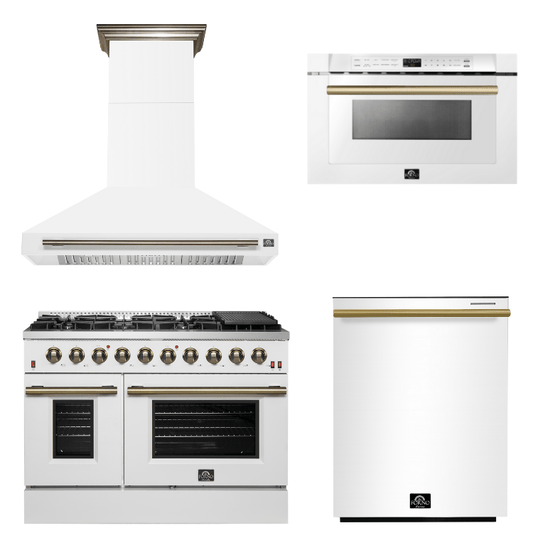 FORNO Appliance Package - 48" Gas Range, Range Hood, Dishwasher, Microwave in White with Antique Brass Accents