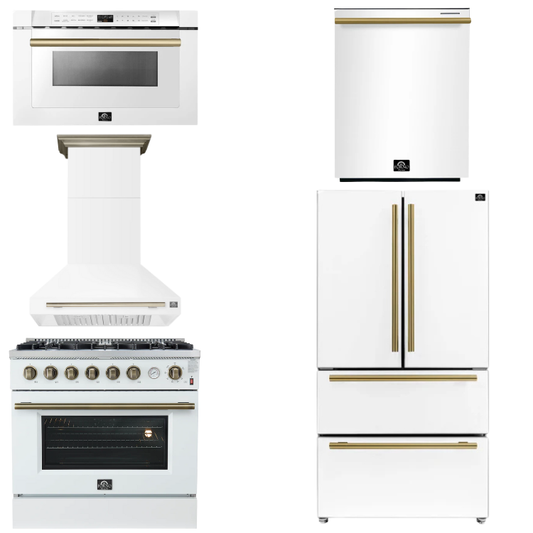 FORNO Appliance Package - 36" Gas Range, Range Hood, 36" Refrigerator, Dishwasher, Microwave in White with Antique Brass Accents