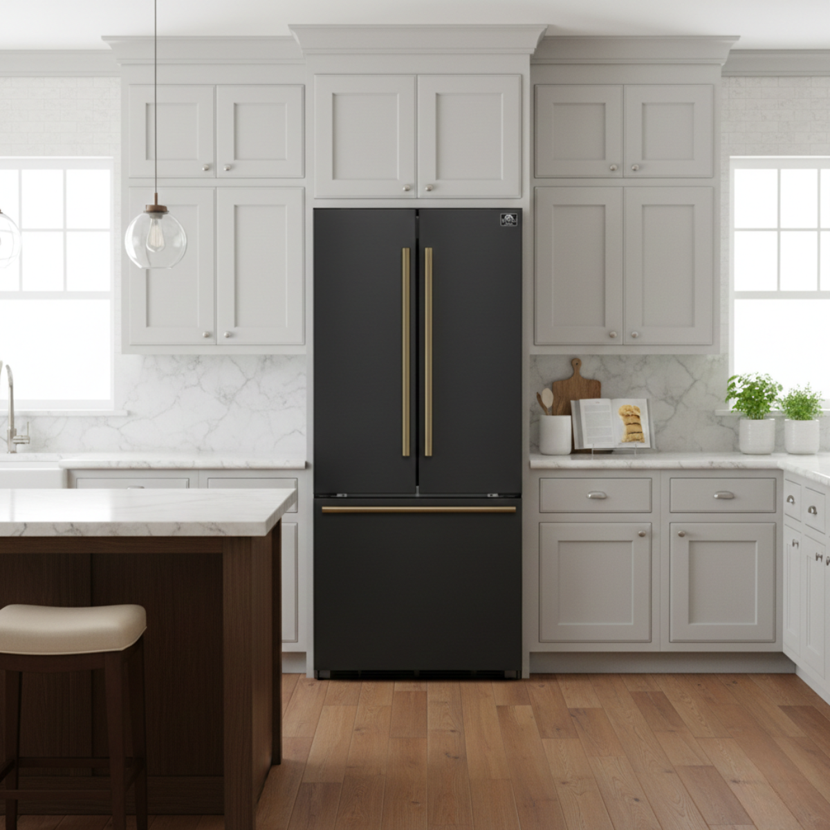 Forno Gallipoli 30-Inch Refrigerator with Ice Maker, 17.5 Cu. Ft., Black with Antique Brass Handles (Model FFFFD1974-31BLK)