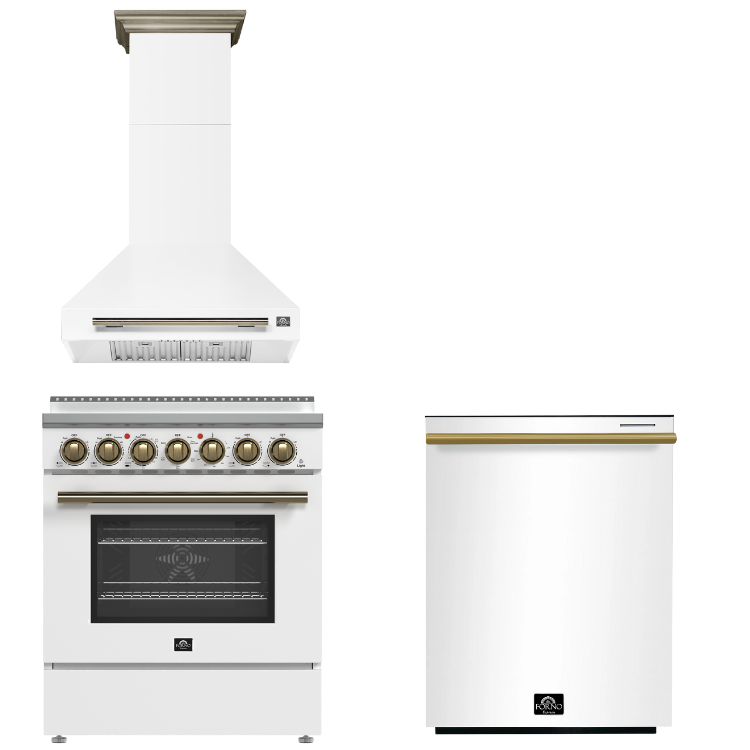 FORNO Paolo Package - 30" Electric Range, Wall Mount Range Hood, Dishwasher in White with Antique Brass Accents, AP3-6011WHT-A11