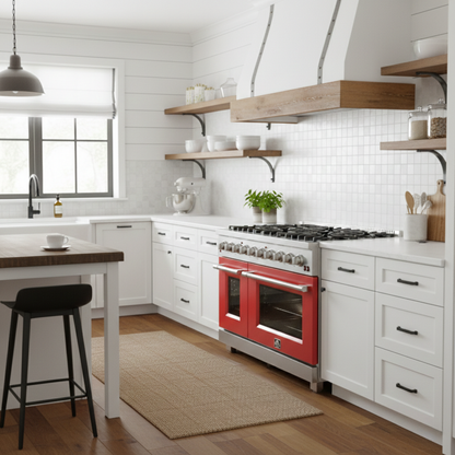 Forno Galiano 48-Inch Gas Range, 8 Sealed Brass Burners, 6.58 cu. ft. Double Oven, Red Stainless Steel, Model FFSGS6244-48RED