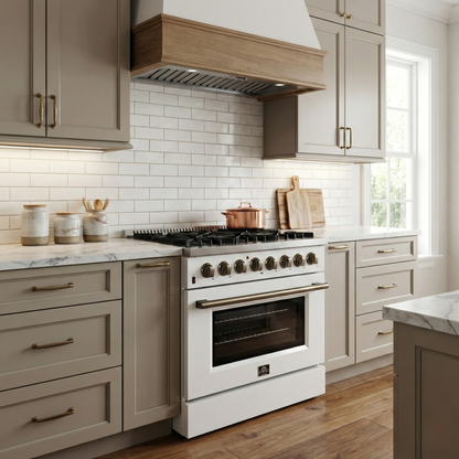 Forno Galiano 36-Inch Dual Fuel Range, 6 Sealed Brass Burners, 5.36 cu. ft. Convection Oven, White Stainless Steel with Antique Brass Accents, Model FFSGS6156-36WHT
