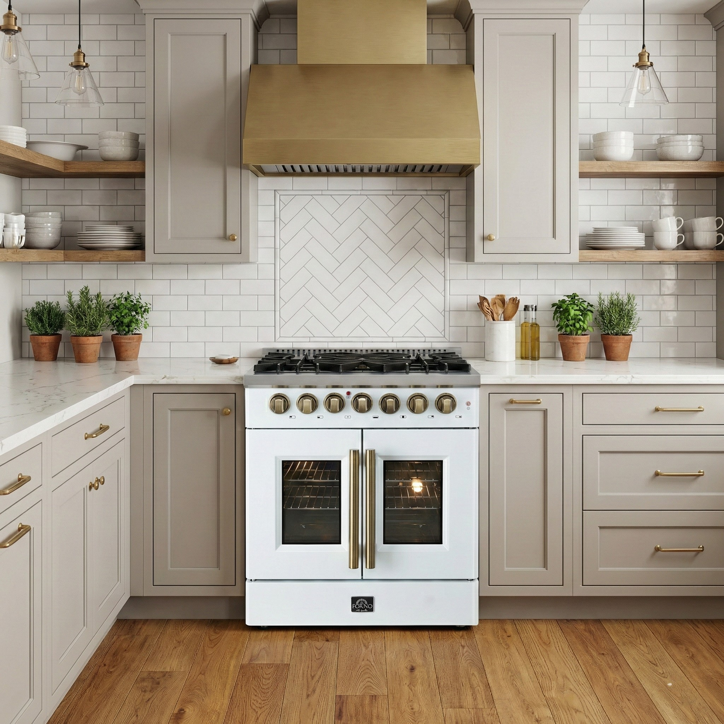 Forno Galiano 30-Inch Dual Fuel Range with French Door Oven, 5 Sealed Burners, 4.32 cu. ft., White with Antique Brass Accents (Model FFSGS6356-30WHT)