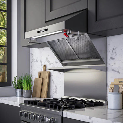 Forno Savona 30-Inch Wall-Mounted Range Hood with Backsplash, Shelf, and Red Warming Light – Model FRHWM5029-30HB