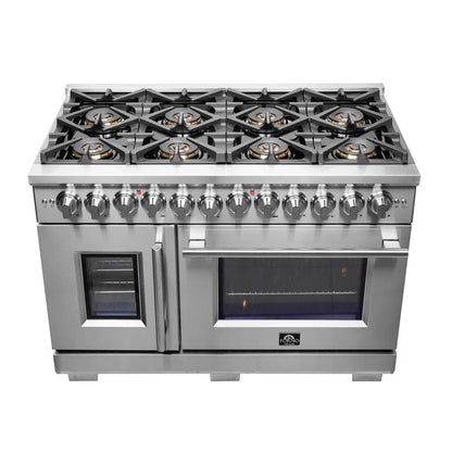 Forno Capriasca 48-Inch Freestanding Dual Fuel Range with Gas Cooktop, Double Electric Oven, 6.58 cu. ft., Left-Swing Door, Stainless Steel (FFSGS6387-48)