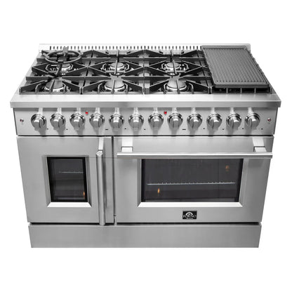 Forno Galiano 48-Inch Freestanding Dual Fuel Range with Gas Cooktop, Double Electric Oven, 6.58 cu. ft., Left Swing Door, Stainless Steel (FFSGS6356-48)