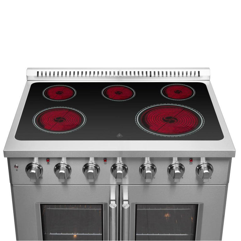 FORNO Package - 36" Electric French Door Range, Wall Mount Range Hood, Refrigerator, Dishwasher, Microwave and Wine Cooler, AP-FFSEL6917-36-6PK-1