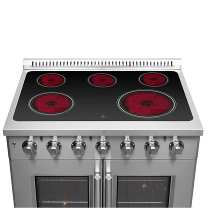 FORNO Package - 36" Electric French Door Range, Wall Mount Range Hood, Refrigerator, Dishwasher, Microwave and Wine Cooler, AP-FFSEL6917-36-6PK-1