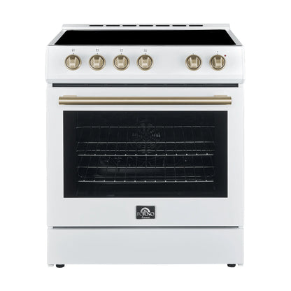 Forno Leonardo Espresso 30-Inch Electric Range, 5.0 cu. ft., White, Antique Brass Handles (Model FFSEL6012-30WHT)