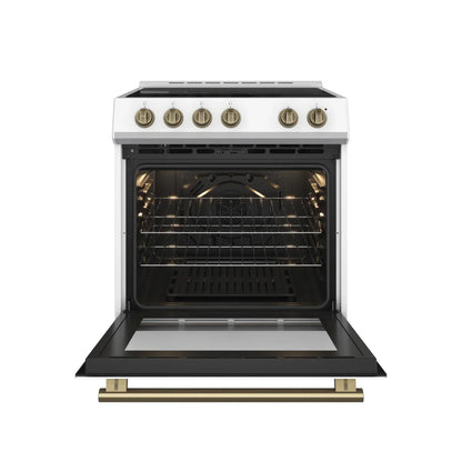 Forno Leonardo Espresso 30-Inch Electric Range, 5.0 cu. ft., White, Antique Brass Handles (Model FFSEL6012-30WHT)